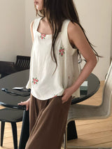 White square neck cami in cross embroidery