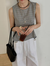 Navy checked vest w/ waist pleats details