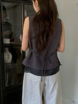 Grey 2 ways double layering linen vest w/ string