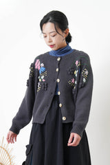 Charcoal wool cardigan w/ 3D detail embroidery