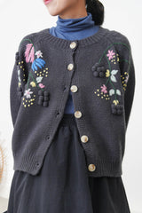 Charcoal wool cardigan w/ 3D detail embroidery