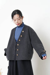 Charcoal V neck wool jacket w/ scarf set