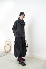 Charcoal V neck wool jacket w/ scarf set