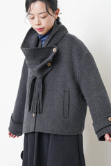 Charcoal V neck wool jacket w/ scarf set