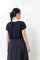 Navy summer knit top w/ contrast collar