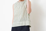 Green stripes linen vest w/ gather collar