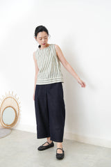 Green stripes linen vest w/ gather collar