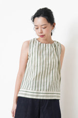 Green stripes linen vest w/ gather collar