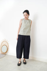Green stripes linen vest w/ gather collar