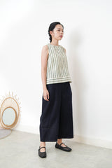 Green stripes linen vest w/ gather collar