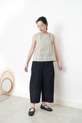 Green stripes linen vest w/ gather collar