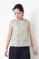 Green stripes linen vest w/ gather collar