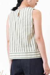 Green stripes linen vest w/ gather collar