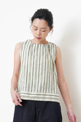Green stripes linen vest w/ gather collar