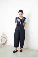 Navy stripes knit top w/ sailor collar