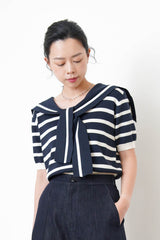 Navy stripes knit top w/ sailor collar