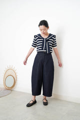 Navy stripes knit top w/ sailor collar