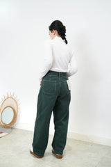 Green wide leg trousers w/ outline stitching