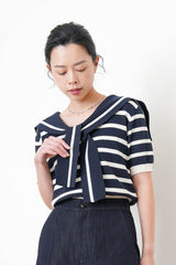 Navy stripes knit top w/ sailor collar