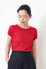 Red thin knit top w/ rolled collar