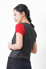 Red thin knit top w/ rolled collar