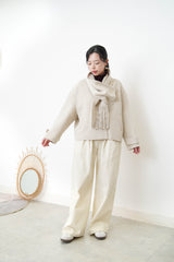 Beige V neck wool jacket w/ scarf set