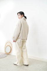 Beige V neck wool jacket w/ scarf set