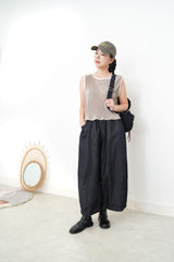Navy denim wide leg trousers w/ elastic waistband