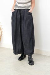 Navy denim wide leg trousers w/ elastic waistband