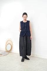 Navy denim wide leg trousers w/ elastic waistband