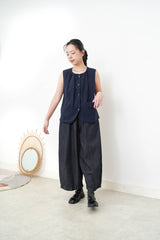 Navy denim wide leg trousers w/ elastic waistband
