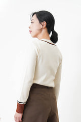 Cream contrast cuffs top w/ ribbon collar