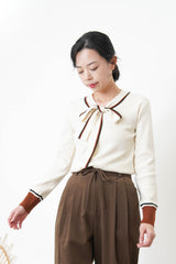 Cream contrast cuffs top w/ ribbon collar