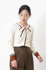 Cream contrast cuffs top w/ ribbon collar