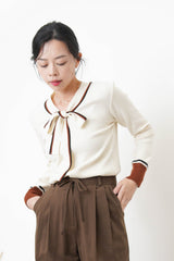Cream contrast cuffs top w/ ribbon collar