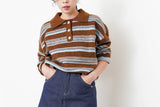 Brown contrast stripes pattern rugby knit top