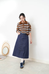 Brown contrast stripes pattern rugby knit top