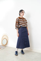 Brown contrast stripes pattern rugby knit top