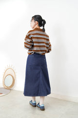 Brown contrast stripes pattern rugby knit top
