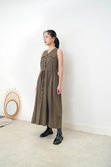 Dark green cut in shoulder dress w/ waist string