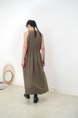 Dark green cut in shoulder dress w/ waist string