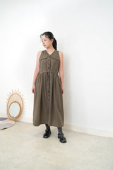 Dark green cut in shoulder dress w/ waist string