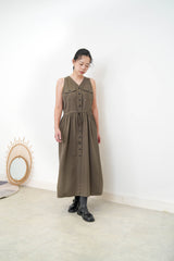 Dark green cut in shoulder dress w/ waist string