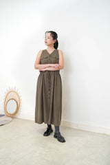 Dark green cut in shoulder dress w/ waist string
