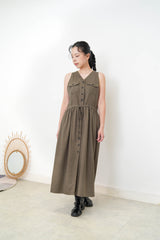 Dark green cut in shoulder dress w/ waist string