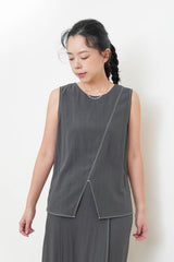 Charcoal open hem linen vest w/ outline stitching