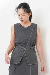 Charcoal open hem linen vest w/ outline stitching