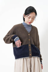 Brown patchwork cardigan w/ contrast pockets