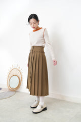 Brown 2 ways wool pleats skirt with buttons