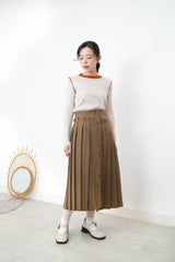 Brown 2 ways wool pleats skirt with buttons
